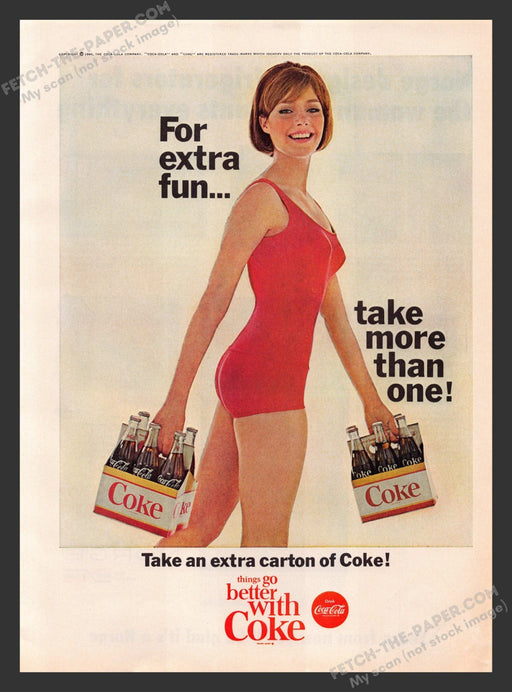 1965 Print Advertisement Coca-Cola Sexy Bathing Suit Soft Drink Glass Bottle Ad.