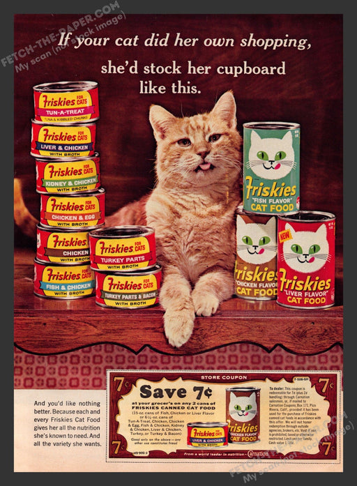 1965 Print Advertisement Friskies Cat Food Orange Tabby Ad.