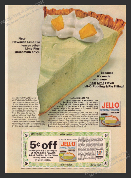 1965 Print Advertisement Jell-O Hawaiin Lime Pie Recipe Ad.