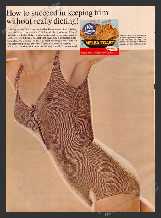 1965 Print Advertisement Old London Melba Toast Skinny Woman Food Ad.