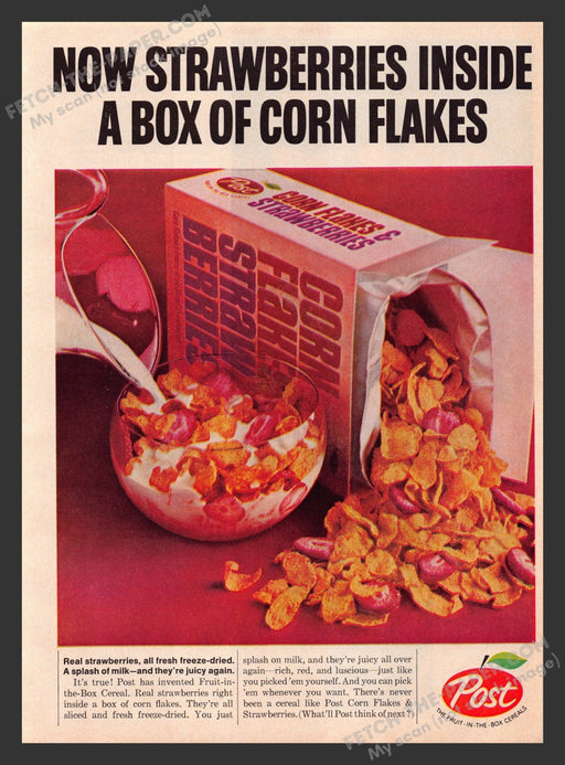 1965 Print Advertisement Post Corn Flakes with Strawberries Food Ad.