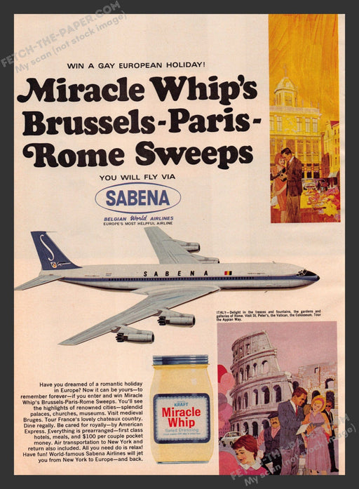 1965 Print Advertisement Sabena Belgian World Airlines Plane Miracle Whip Ad.