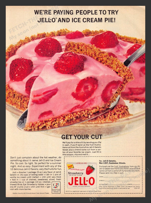 1963 Jell-O Strawberry and Ice Cream Pie Recipe Print Advertisement Ad