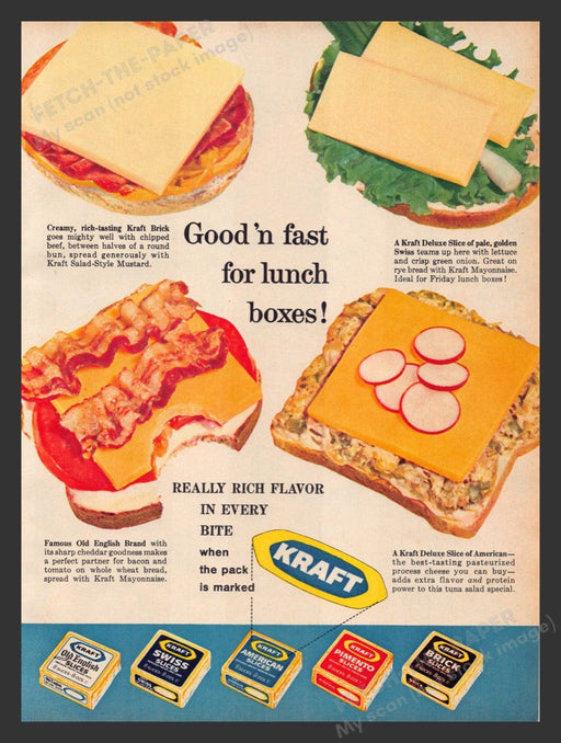 1963 Kraft Cheeses on Sandwiches for Lunch Boxes Print Advertisement Ad