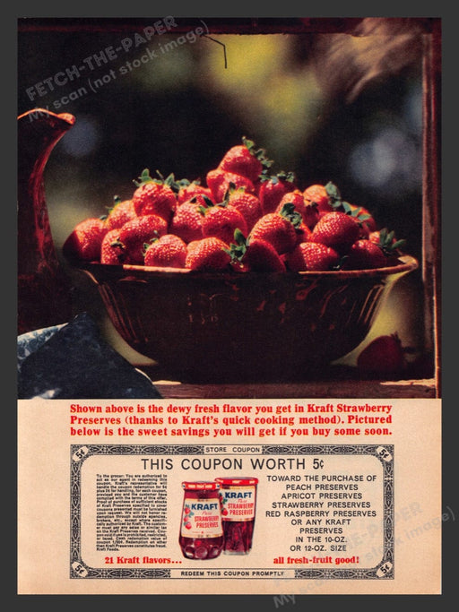 1963 Kraft Pure Strawberries Preserves Bowl Print Advertisement Ad
