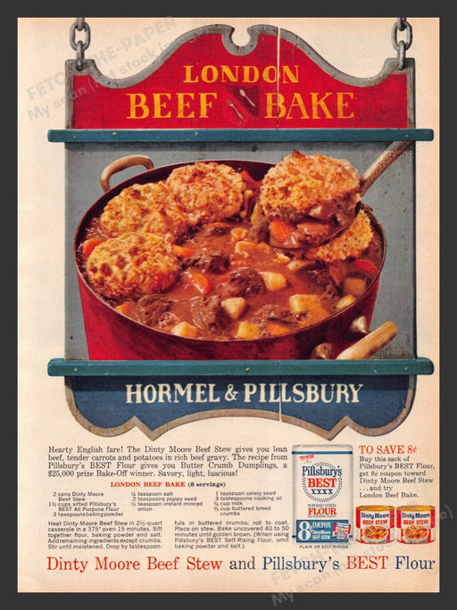 1963 "London Beef Bake" Recipe by Hormel & Pillsbury Print Advertisement Ad