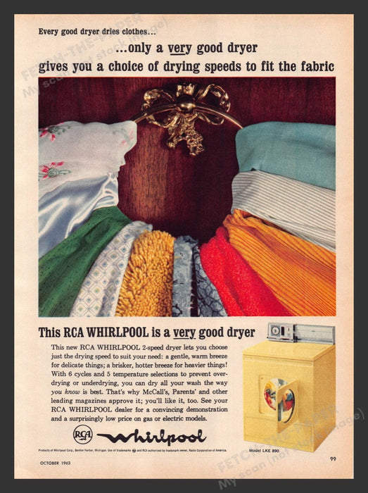 1963 RCA Whirlpool 2-Speed Dryer Print Advertisement Ad