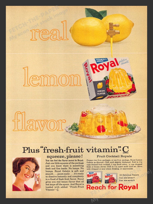 1963 Royal Real Lemon Flavor Gelatin "Fruit Cocktail Royale" Recipe Print Ad