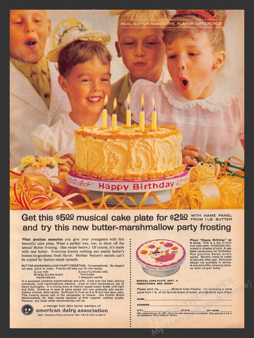 1964 American Dairy Association Musical Cake Plate Recipe Print Advertisement Ad