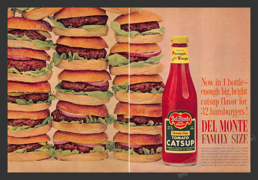 1964 Del Monte Tomato Catsup and 32 Hamburgers Print Advertisement (2 Pages)