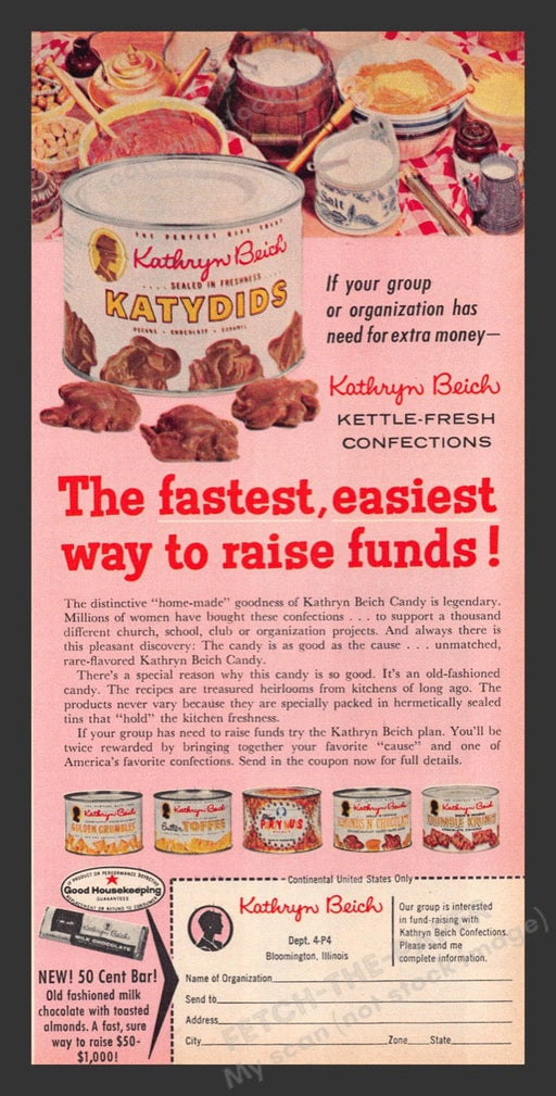 1964 Kathryn Beich Katydids Kettle-Fresh Confections Print Advertisement Ad