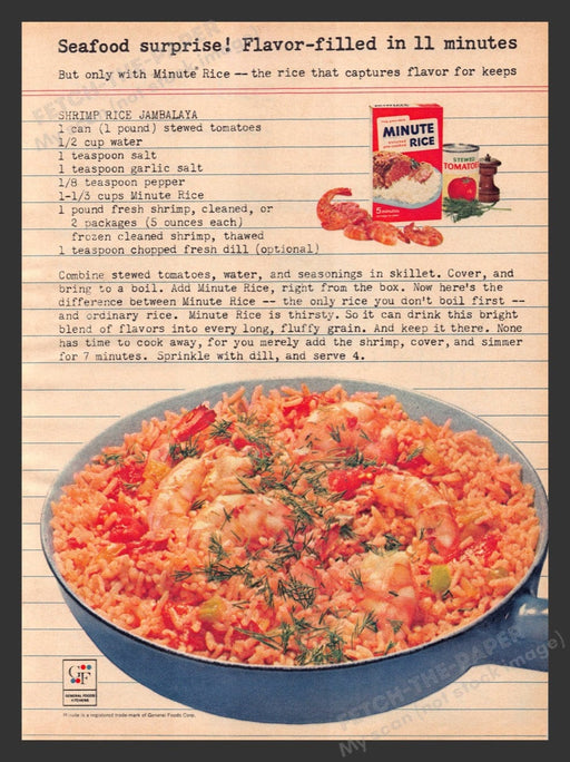 1964 Minute Rice & Tomatoes "Shrimp Rice Jambalaya" Recipe Print Ad