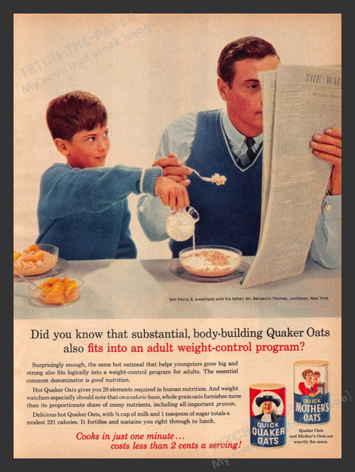 1964 Quick Quaker Oats Son and Father Breakfast Print Advertisement Ad