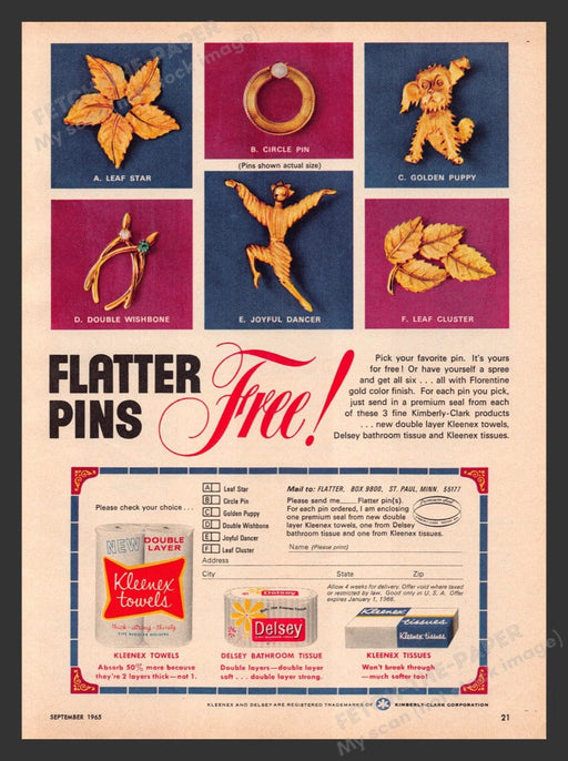 1965 Kleenex & Delsey Bathroom Flatter Pins Giveaway Print Advertisement Ad