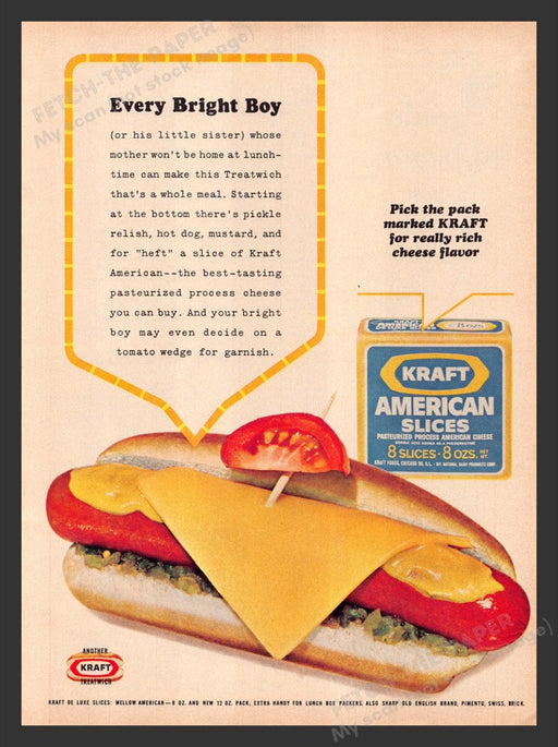 1965 Kraft American Cheese Slices Hotdog Print Advertisement Ad
