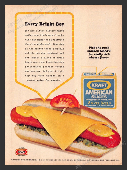 1965 Kraft American Cheese Slices Hotdog Print Advertisement Ad