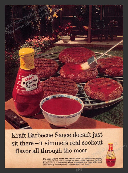 1965 Kraft Barbecue Sauce Outdoor Burgers on Grill Print Advertisement Ad