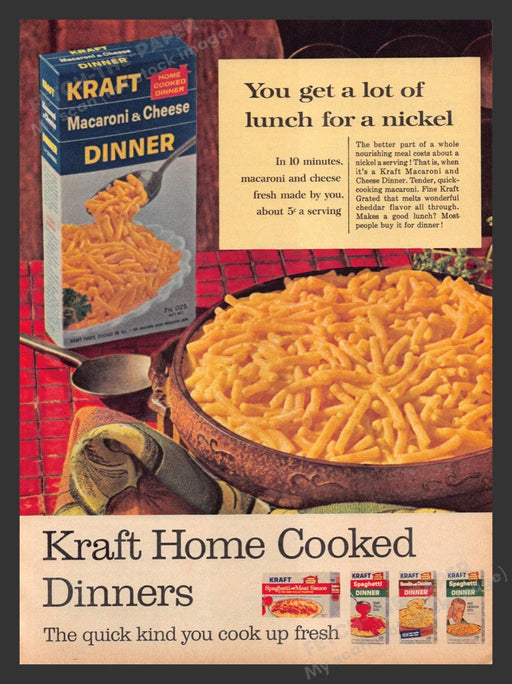 1965 Kraft Macaroni & Cheese Dinner Lunch for a Nickel Print Advertisement Ad