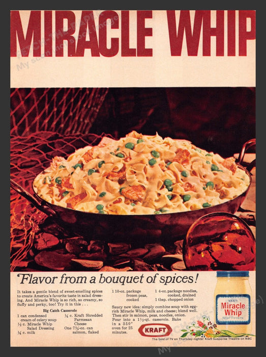 1965 Kraft Miracle Whip "Big Catch Casserole" Recipe Print Advertisement Ad