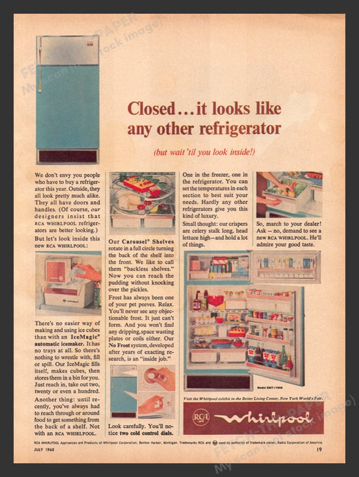 1965 RCA Whirlpool Refrigerator Model EMT-17MM Print Advertisement Ad