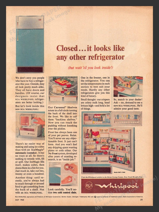 1965 RCA Whirlpool Refrigerator Model EMT-17MM Print Advertisement Ad
