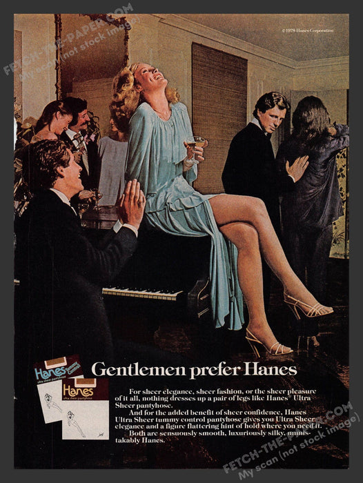 1978 Print Advertisement Gentlemen Prefer Hanes Hosiery Piano Party Legs Sexy.