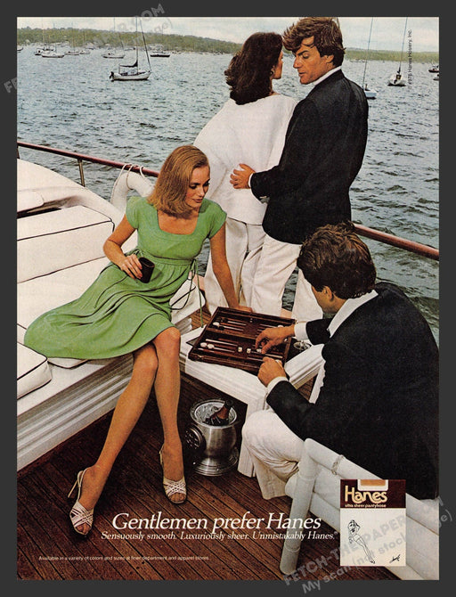 1977 Print Advertisement Gentlemen Prefer Hanes Hosiery Yacht Boating Legs Sexy.