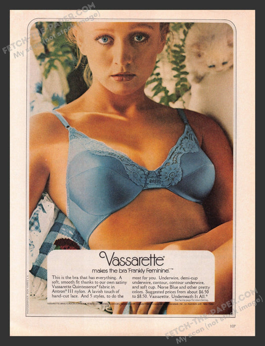 1977 Print Advertisement Vassarette "Frankly Feminine" Satin Bra Ad.