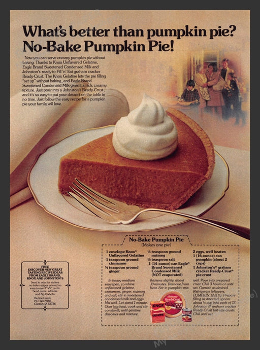 1980 Knox, Borden & Johnstons Pie Crust "No-Bake Pumpkin Pie" Recipe Print Ad