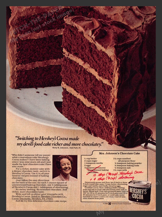 1981 Hershey's Cocoa Mrs. Johnson's Chocolate Cake Recipe Print Advertisement Ad