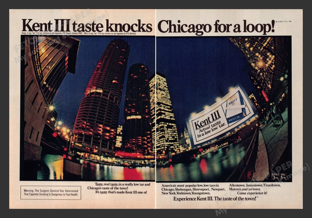 1981 Kent III Cigarettes Chicago for a Loop City Print Advertisement (2 Pages)