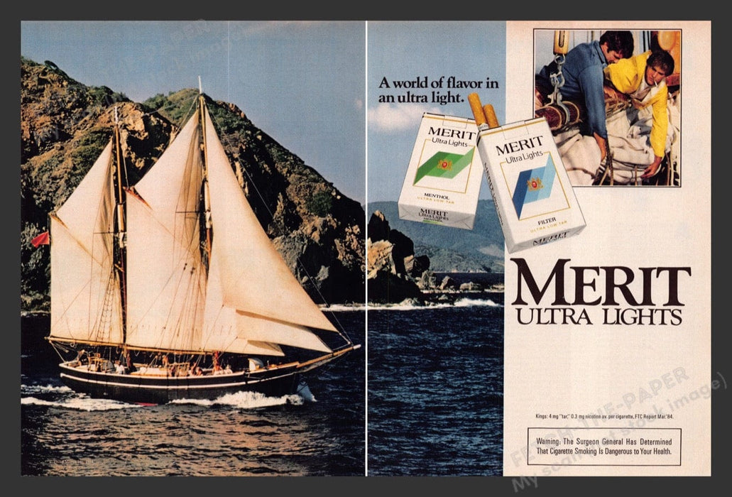 1984 Merit Ultra Lights Cigarettes Ship Print Advertisement (2 Pages)