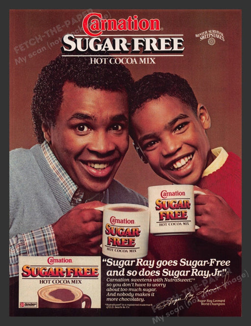 1985 Carnation Cocoa Mix Sugar Ray Leonard Sugar-Free Print Advertisement Ad
