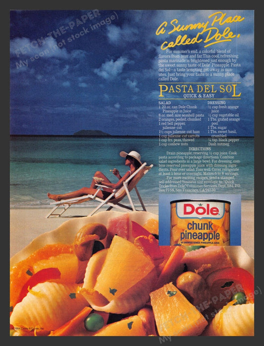 1985 Dole Chunk Pineapple "Pasta Del Sol" Recipe Print Advertisement Ad
