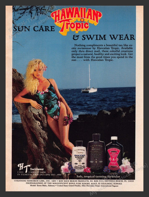 1985 Hawaiian Tropic Suntan Lotion Sexy Blonde on Beach Print Advertisement Ad
