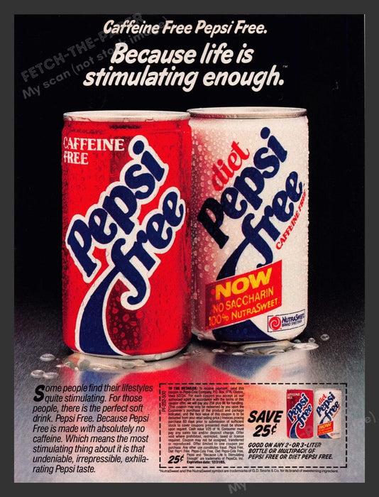 1985 Pepsi Free Soda with NutraSweet Print Advertisement Ad