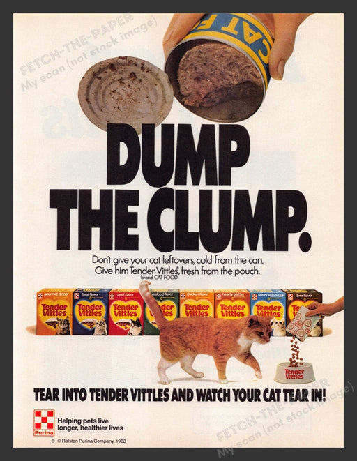 1985 Purina Tender Vittles Cat Food "Dump the Clump" Print Advertisement Ad