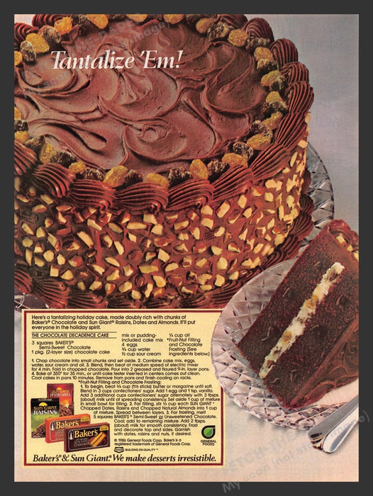 1986 Baker's "The Chocolate Decadence Cake" Recipe Print Advertisement Ad