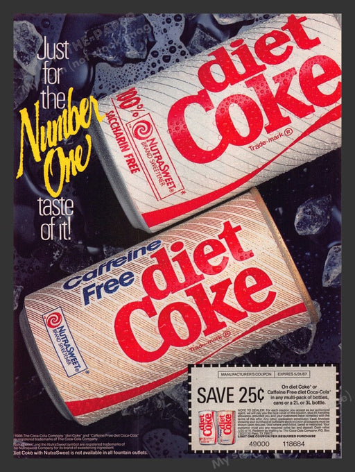 1986 Diet Coke Caffeine Free Cans "Number One" Print Advertisement Ad