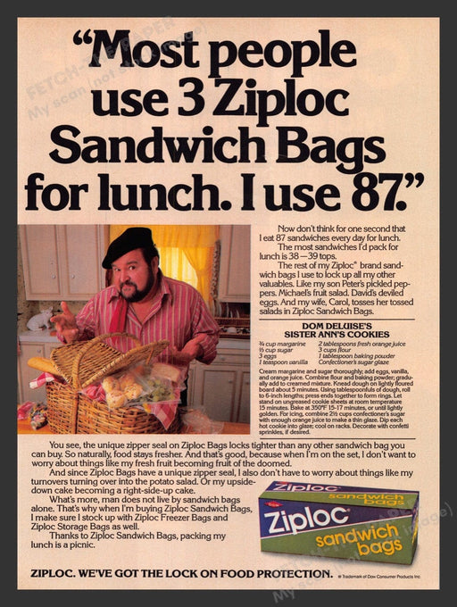 1986 Dow Ziploc Sanwich Bags Dom Deluise Kitchen Print Advertisement Ad