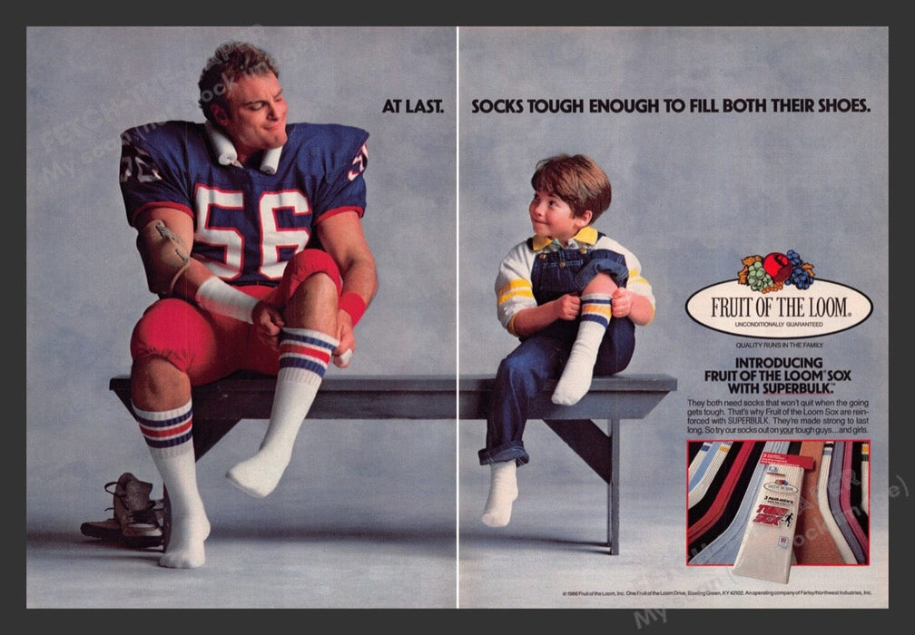1986 Fruit of the Loom Superbulk Socks Football Print Advertisement (2 Pages)