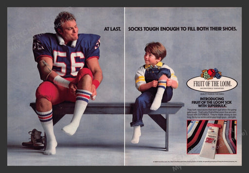 1986 Fruit of the Loom Superbulk Socks Football Print Advertisement (2 Pages)