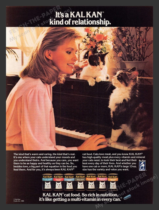 1986 Kal Kan Cat Food Woman Piano Cats Print Advertisement Ad