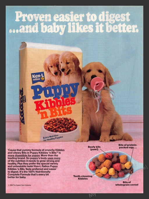 1986 Ken-L Ration Puppy Kibbles 'n Bits Golden Retriever Print Advertisement Ad