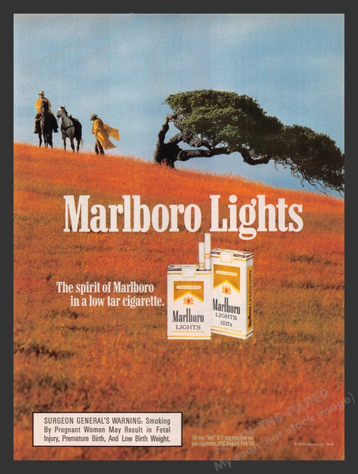 1986 Marlboro Lights Cigarettes Cowboy Single Tree Print Advertisement Ad