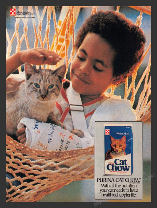 1986 Purina Cat Chow Boy in Hammock with Kitty Print Advertisement Ad