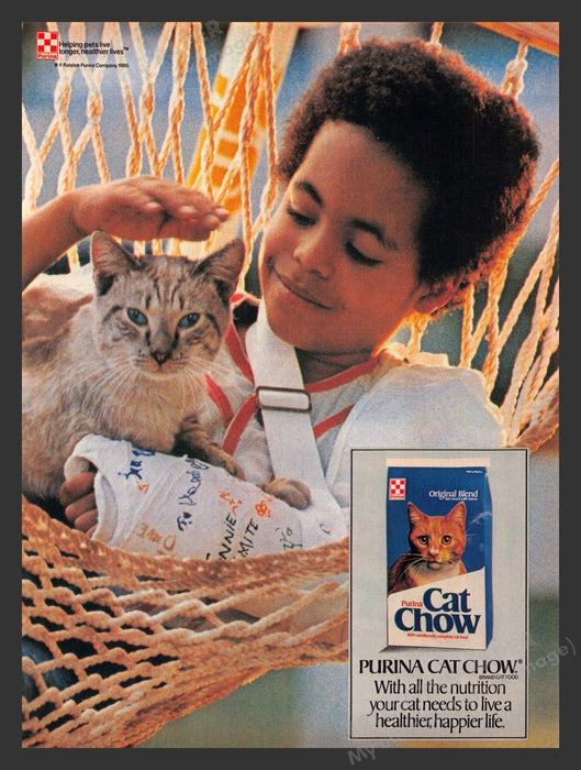 1986 Purina Cat Chow Boy in Hammock with Kitty Print Advertisement Ad