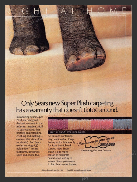 1986 Sears Super Plush Carpet Elephant Feet Print Advertisement Ad