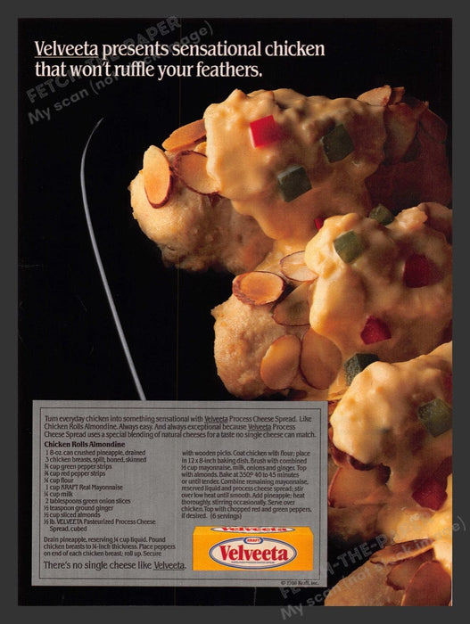 1986 Velveeta Cheese "Chicken Rolls Almondine" Recipe Print Advertisement Ad