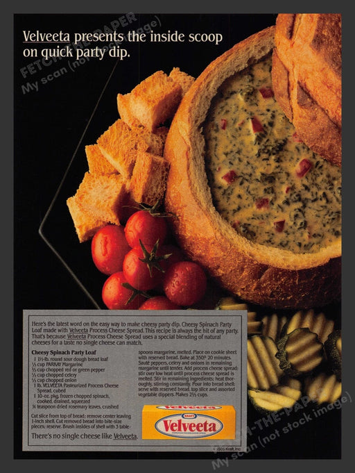 1986 Velveeta "Cheesy Spinach Party Loaf" Recipe Print Advertisement Ad